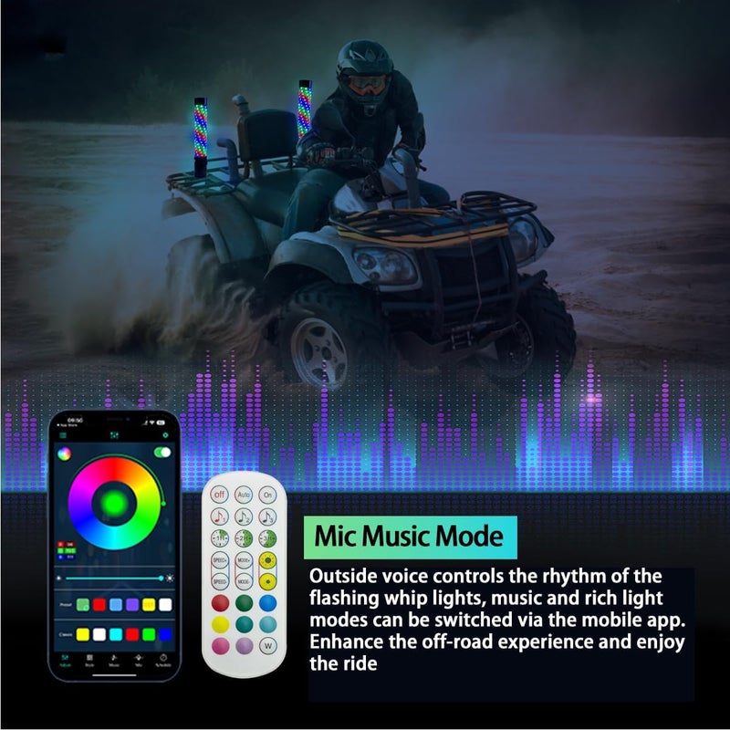 cezelux 2 Pack Fat Whip Lights, 2ft LED Whip Lights with App & Remote Control, Spring Base, Spiral RGB Chasing Lighted Antenna Whips for Side by Side Music Whip Light for ATV Can-Am SXS Truck Polaris - Image 2